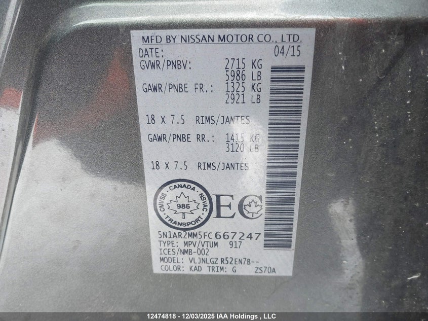 5N1AR2MM5FC667247 2015 NISSAN PATHFINDER photo no. 9