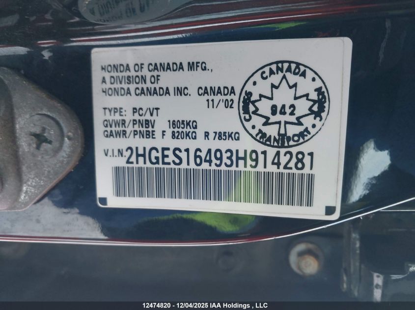 2003 Honda Civic Dx-G VIN: 2HGES16493H914281 Lot: 12474820