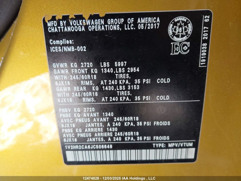 2018 Volkswagen Atlas 3.6 Fsi Trendline VIN: 1V2HR2CA6JC506648 Lot: 12474828