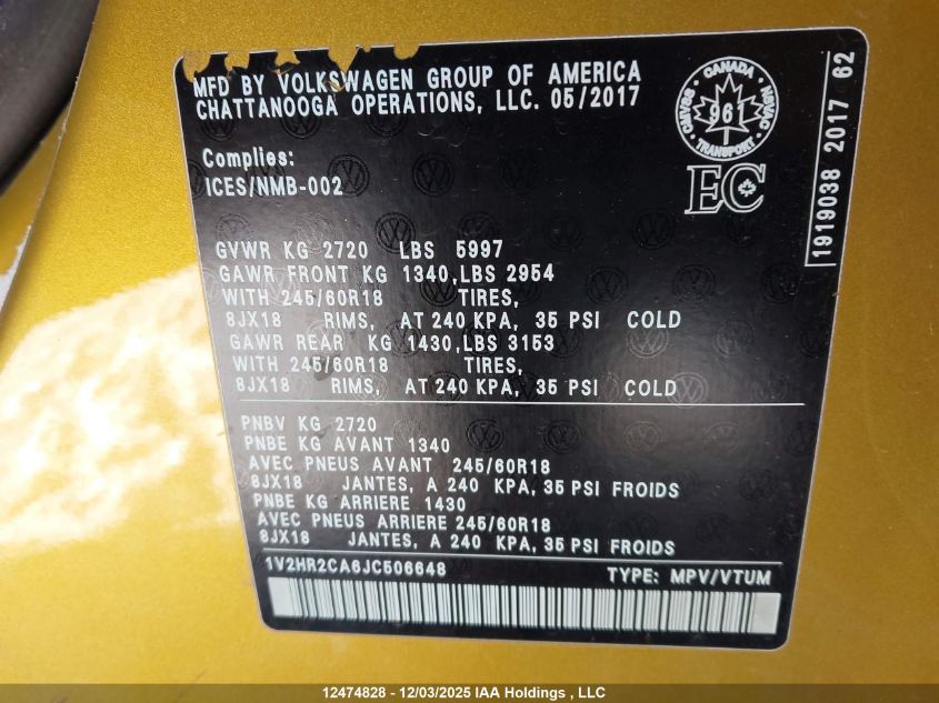 2018 Volkswagen Atlas 3.6 Fsi Trendline VIN: 1V2HR2CA6JC506648 Lot: 12474828