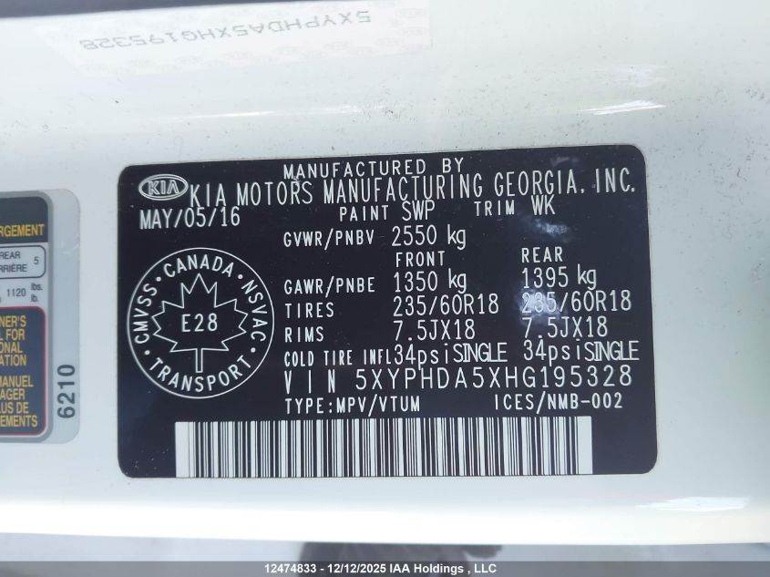 2017 Kia Sorento 3.3L Ex/3.3L Ex+ VIN: 5XYPHDA5XHG195328 Lot: 12474833