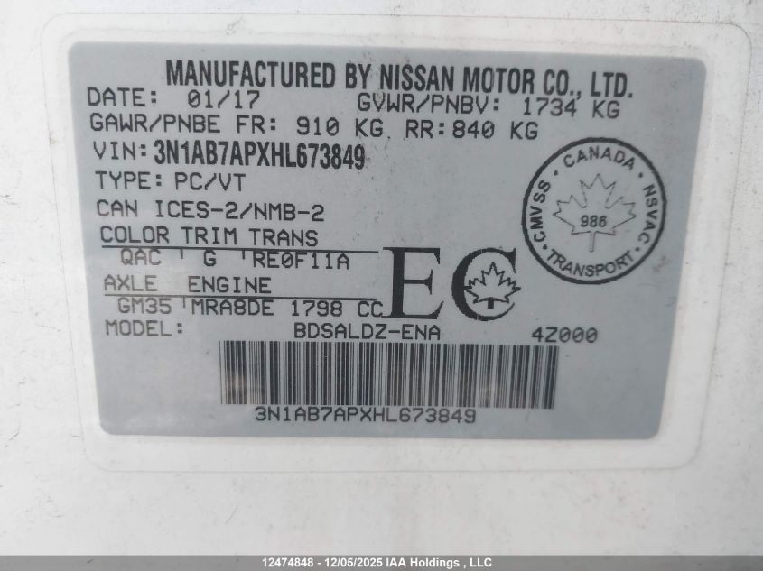 2017 Nissan Sentra 1.8 S/1.8 Sl/1.8 Sv VIN: 3N1AB7APXHL673849 Lot: 12474848