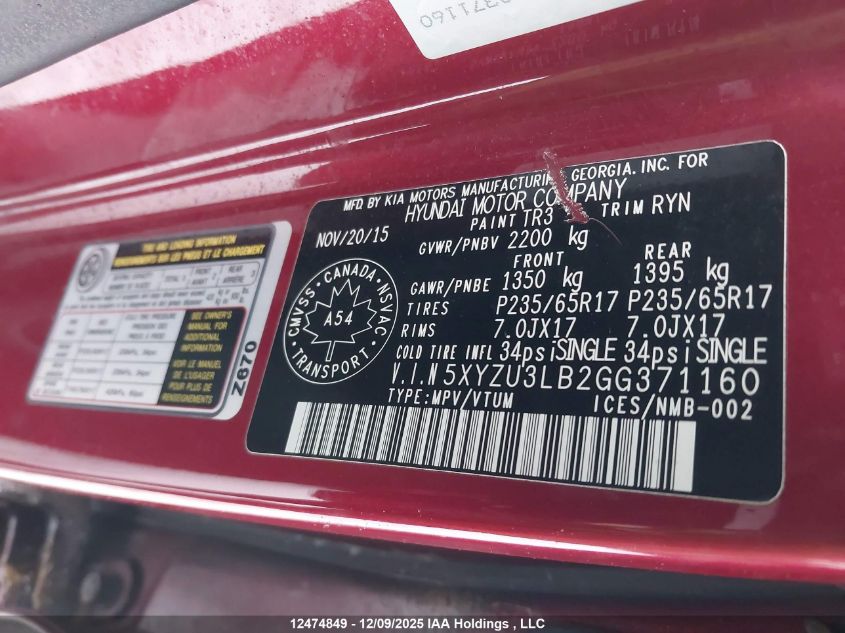 2016 Hyundai Santa Fe Sport 2.4 Premium VIN: 5XYZU3LB2GG371160 Lot: 12474849