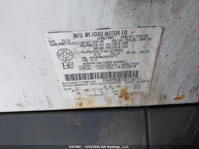 2013 Ford Taurus Police Interceptor VIN: 1FAHP2M87DG126711 Lot: 12474861