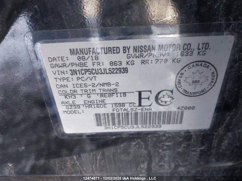 2018 Nissan Kicks S/Sr/Sv VIN: 3N1CP5CU3JL522939 Lot: 12474871