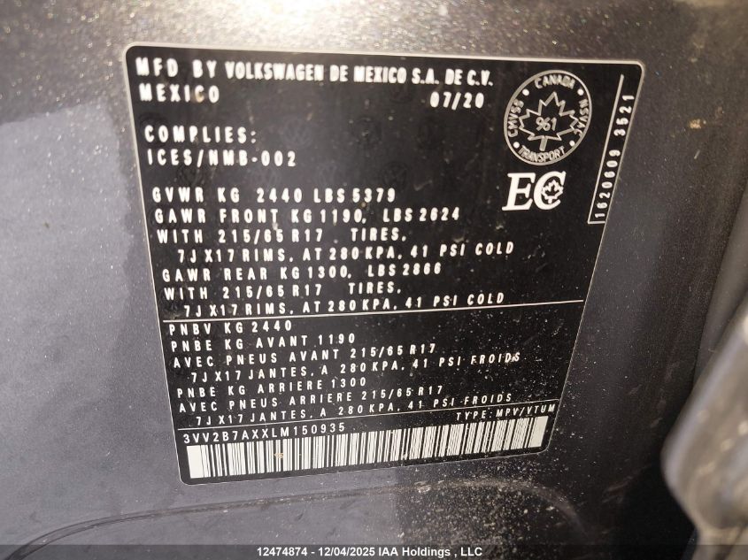 2020 Volkswagen Tiguan Comfortline/Iq Drive VIN: 3VV2B7AXXLM150935 Lot: 12474874