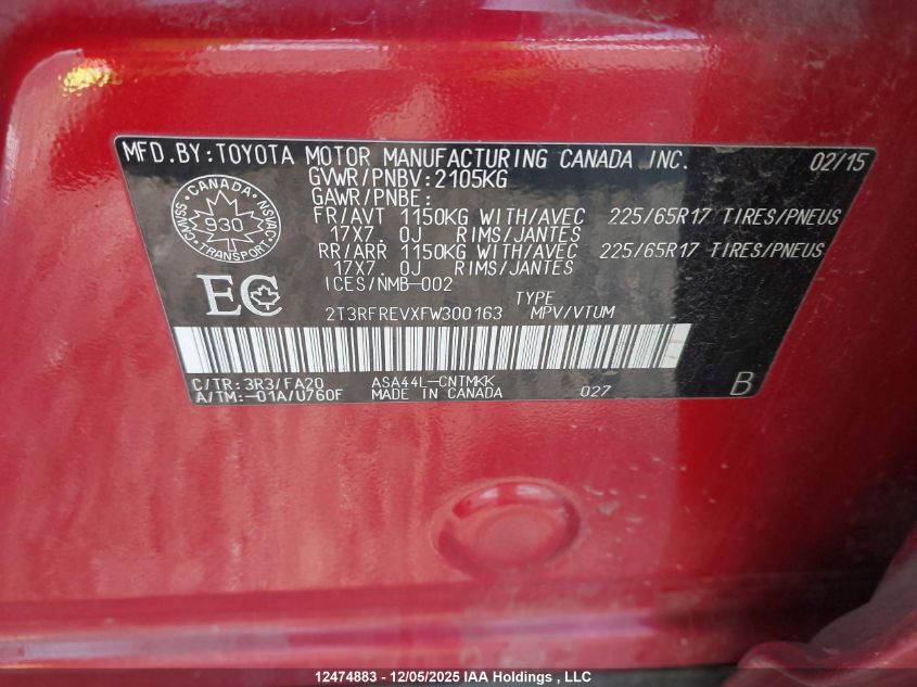 2015 Toyota Rav4 Xle VIN: 2T3RFREVXFW300163 Lot: 12474883