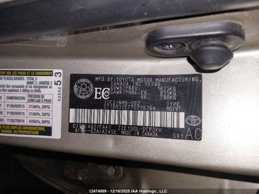 2007 Toyota Corolla VIN: 2T1BR32E77C776764 Lot: 12474889