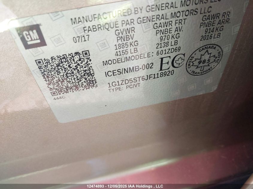 2018 Chevrolet Malibu Lt VIN: 1G1ZD5ST6JF118920 Lot: 12474893