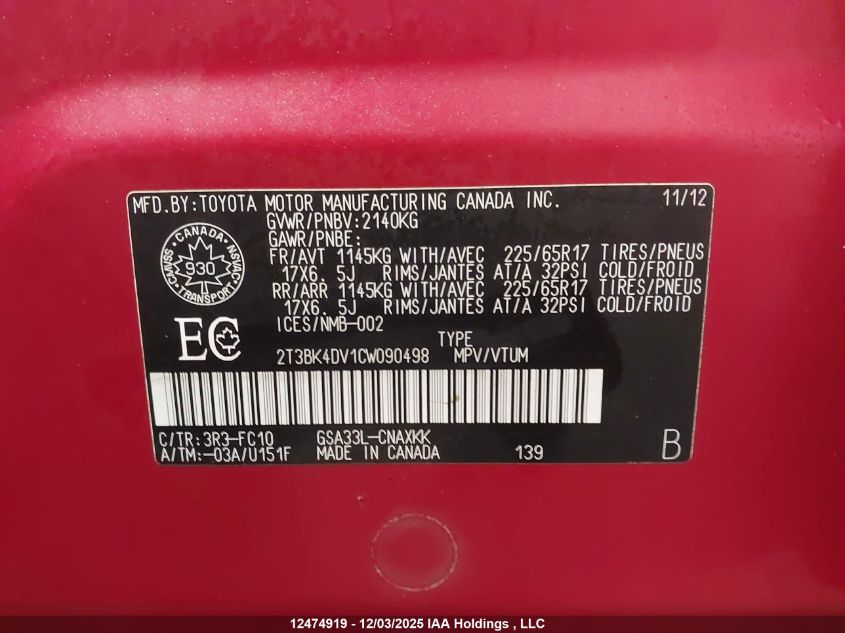 2012 Toyota Rav4 VIN: 2T3BK4DV1CW090498 Lot: 12474919