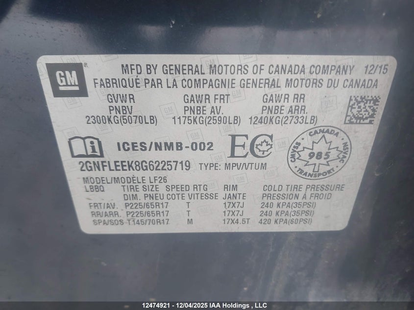 2GNFLEEK8G6225719 2016 CHEVROLET EQUINOX photo no. 9