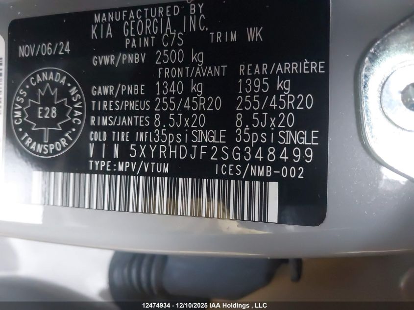2025 Kia Sorento VIN: 5XYRHDJF2SG348499 Lot: 12474934