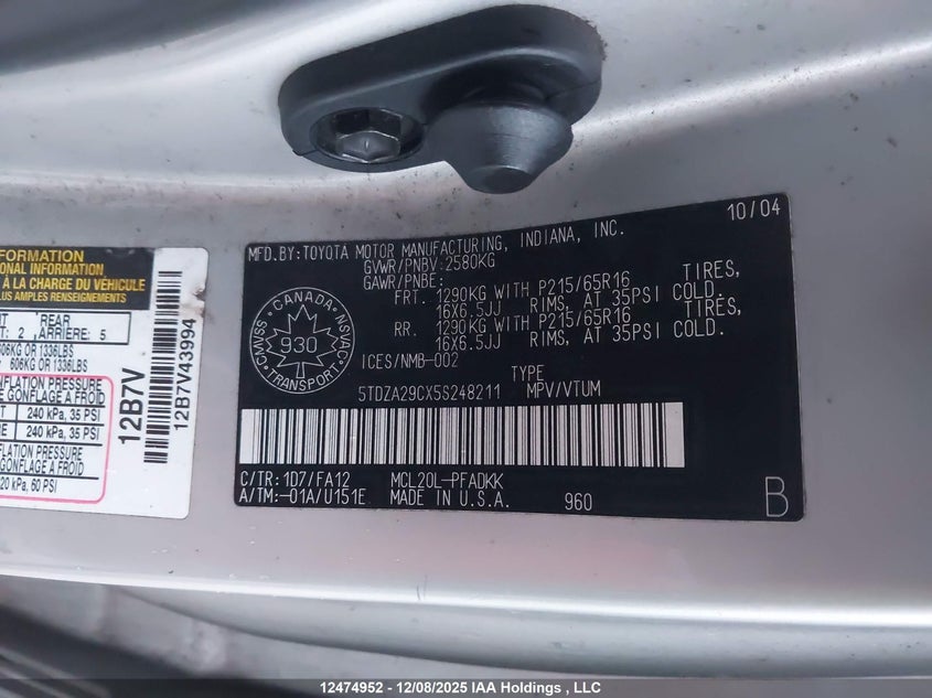 5TDZA29CX5S248211 2005 TOYOTA SIENNA photo no. 9