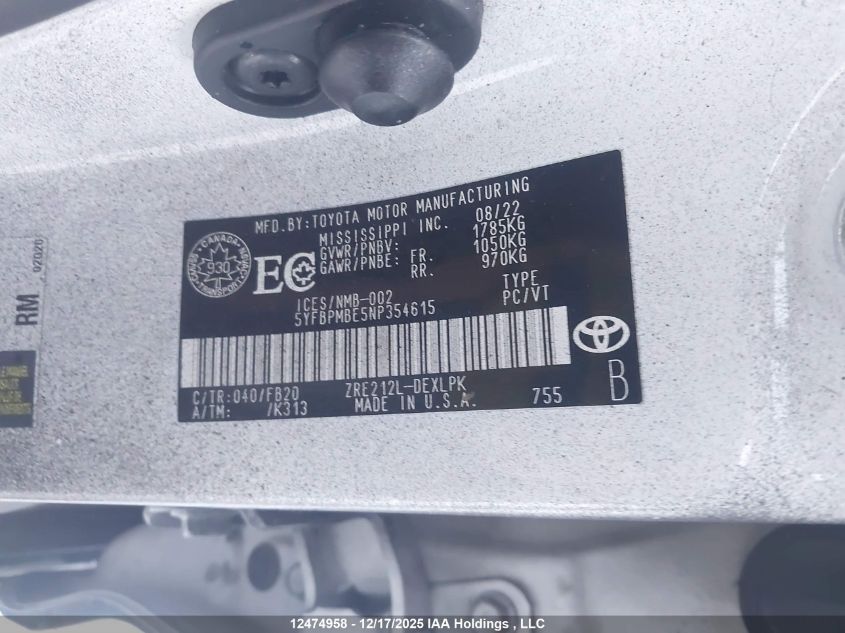 2022 Toyota Corolla VIN: 5YFBPMBE5NP354615 Lot: 12474958