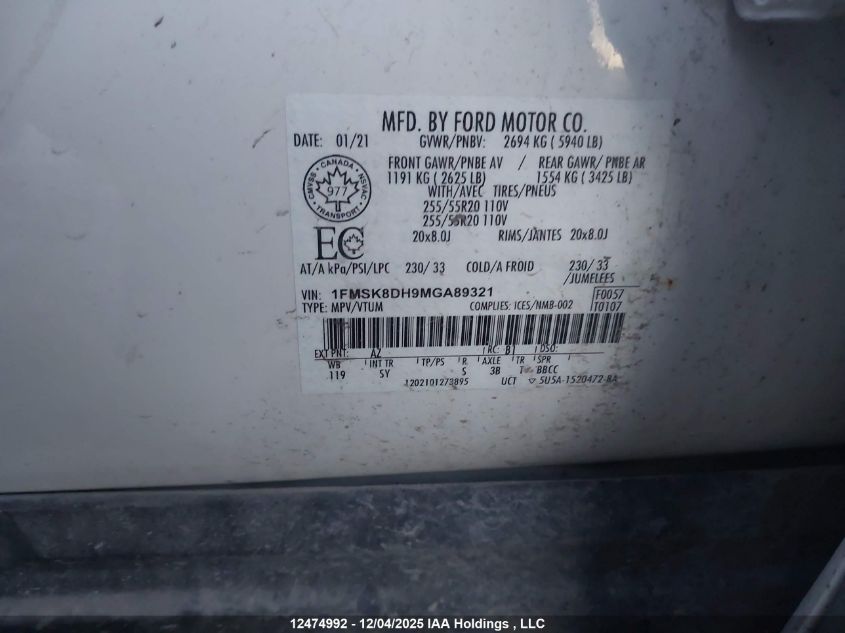 2021 Ford Explorer Xlt VIN: 1FMSK8DH9MGA89321 Lot: 12474992