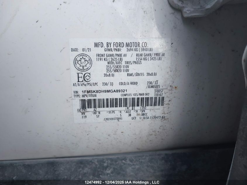 2021 Ford Explorer Xlt VIN: 1FMSK8DH9MGA89321 Lot: 12474992