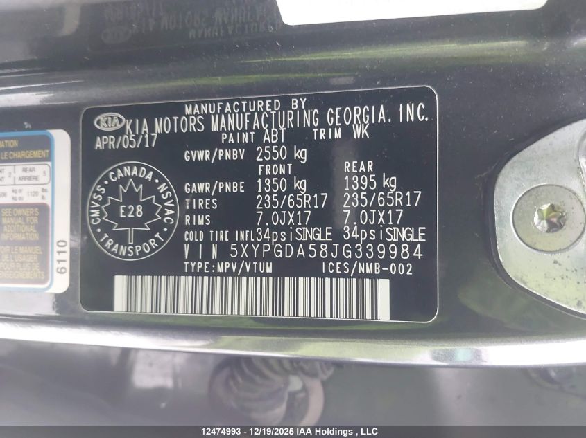 2018 Kia Sorento 3.3L Lx VIN: 5XYPGDA58JG339984 Lot: 12474993