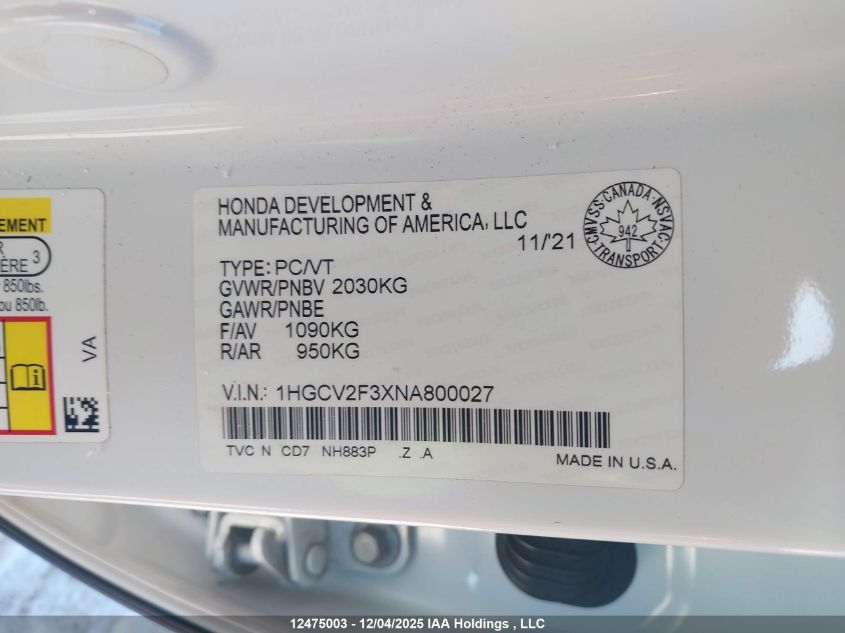 2022 Honda Accord Sport 2.0T VIN: 1HGCV2F3XNA800027 Lot: 12475003