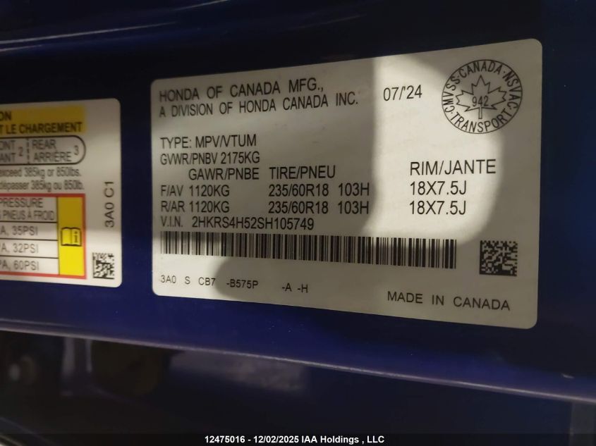 2025 Honda Cr-V Sport VIN: 2HKRS4H52SH105749 Lot: 12475016