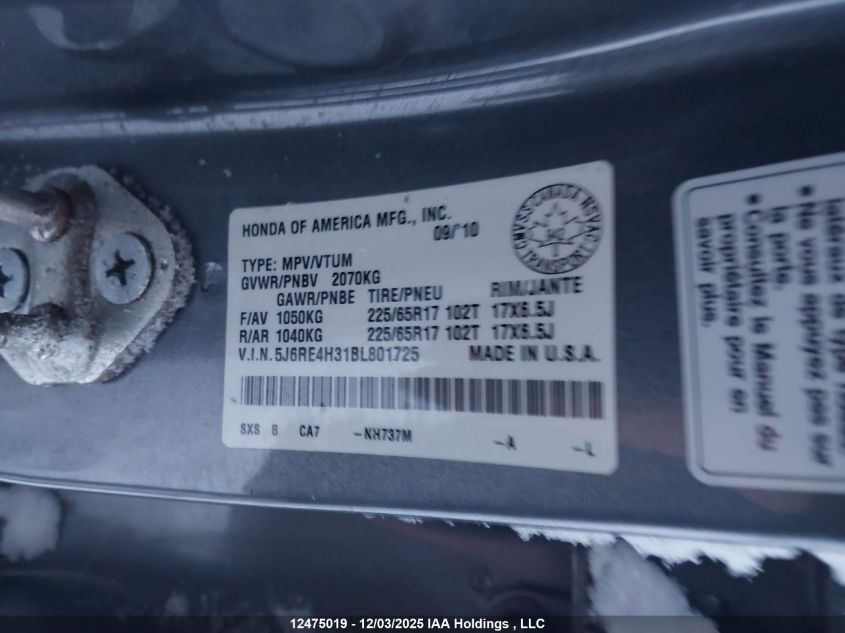 2011 Honda Cr-V Lx VIN: 5J6RE4H31BL801725 Lot: 12475019