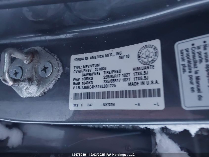 2011 Honda Cr-V Lx VIN: 5J6RE4H31BL801725 Lot: 12475019