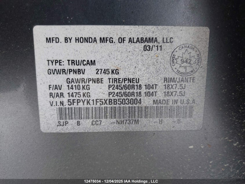 5FPYK1F5XBB503004 2011 HONDA RIDGELINE photo no. 10