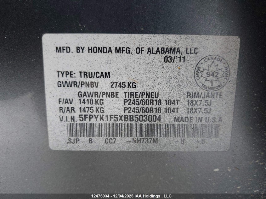 5FPYK1F5XBB503004 2011 HONDA RIDGELINE photo no. 20