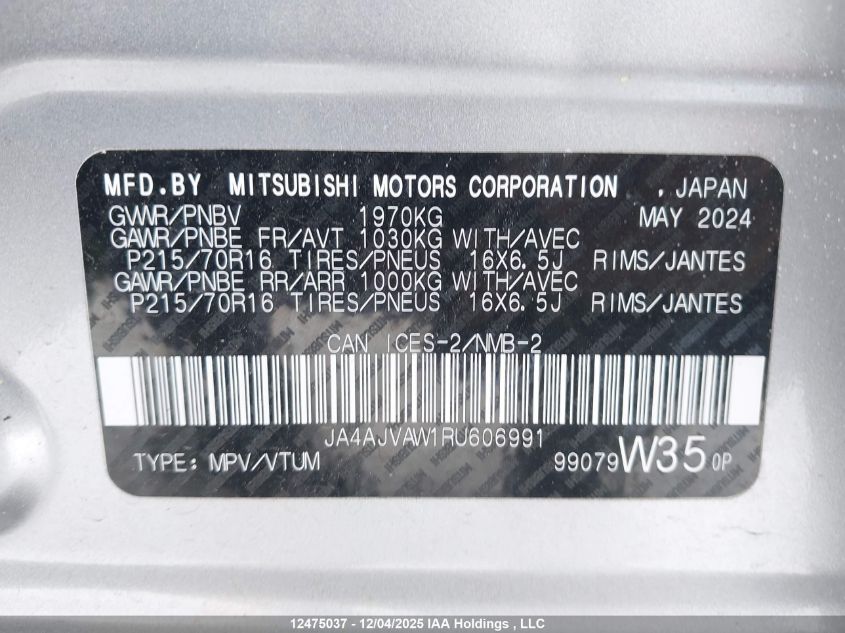 2024 Mitsubishi Rvr Se/Sel/Noir/Gt VIN: JA4AJVAW1RU606991 Lot: 12475037