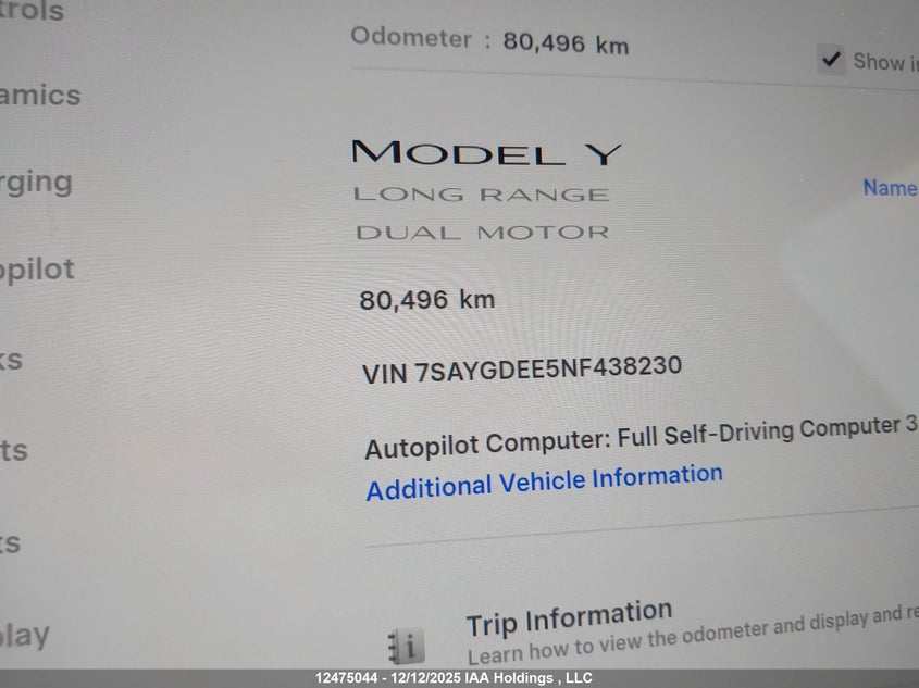 2022 Tesla Model Y Long Range VIN: 7SAYGDEE5NF438230 Lot: 12475044