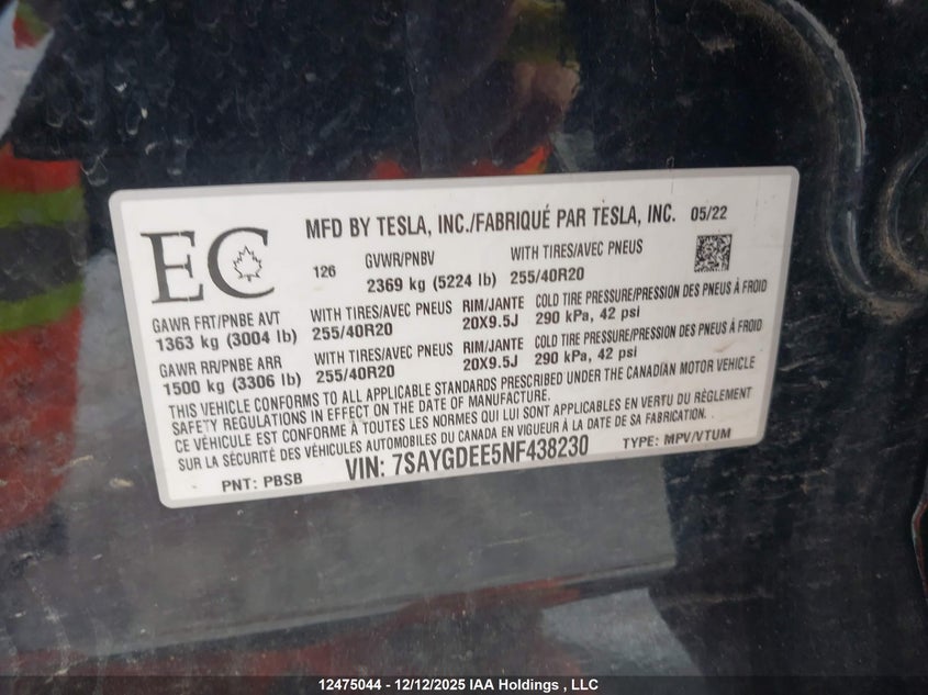 2022 Tesla Model Y Long Range VIN: 7SAYGDEE5NF438230 Lot: 12475044