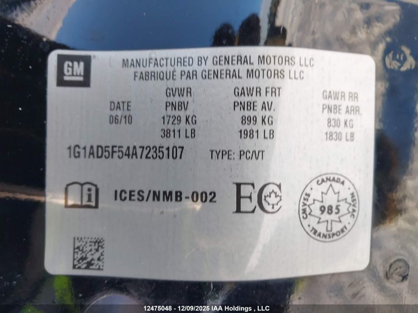 2010 Chevrolet Cobalt Lt VIN: 1G1AD5F54A7235107 Lot: 12475048