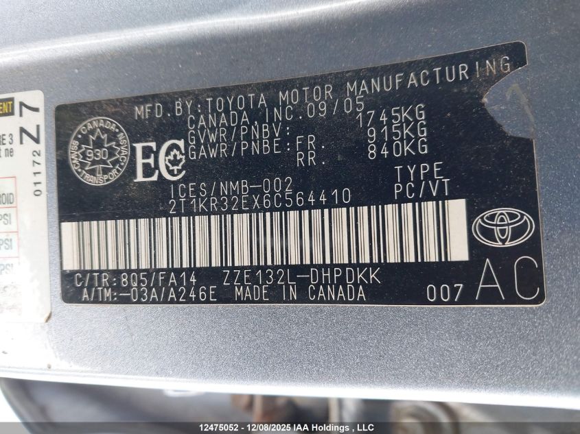 2006 Toyota Corolla Matrix Xr VIN: 2T1KR32EX6C564410 Lot: 12475052