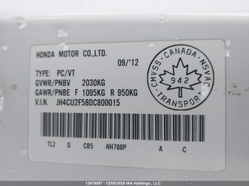 2013 Acura Tsx VIN: JH4CU2F58DC800015 Lot: 12475057