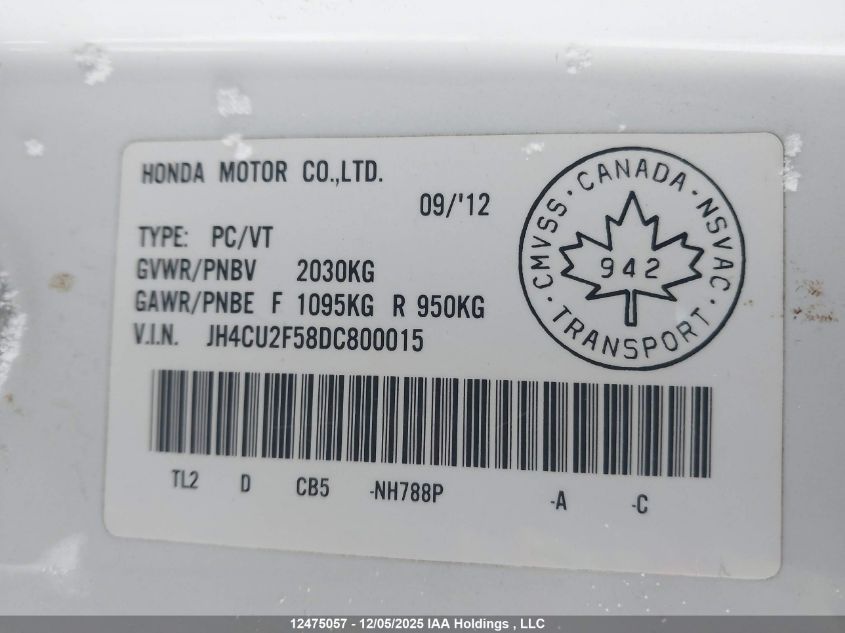 2013 Acura Tsx VIN: JH4CU2F58DC800015 Lot: 12475057