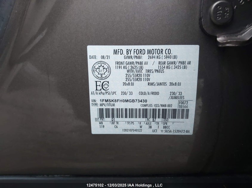 1FMSK8FH0MGB73430 2021 FORD EXPLORER photo no. 9