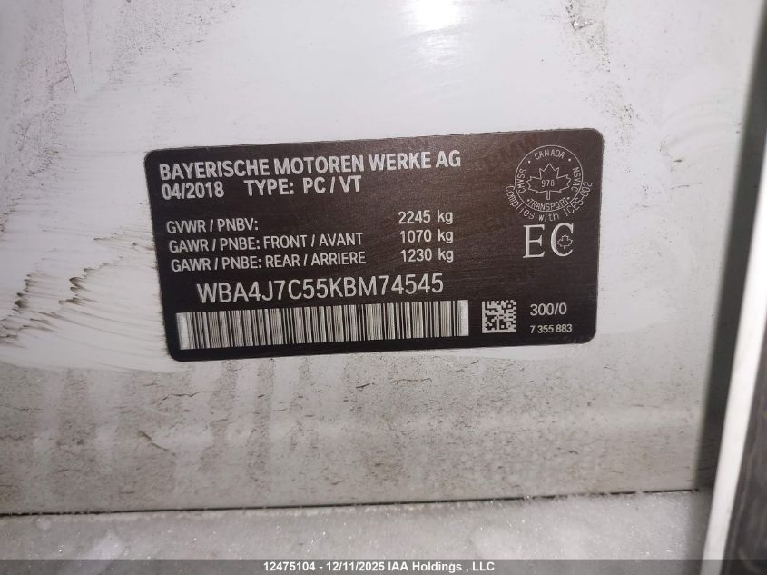 2019 BMW 440I Gran Coupe xDrive VIN: WBA4J7C55KBM74545 Lot: 12475104