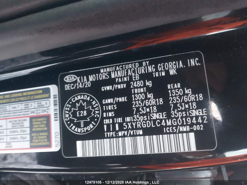 2021 Kia Sorento VIN: 5XYRGDLC4MG019442 Lot: 12475105