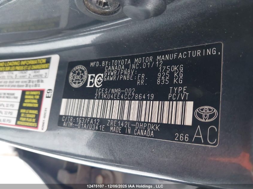 2012 Toyota Matrix Wagon VIN: 2T1KU4EE4CC786419 Lot: 12475107