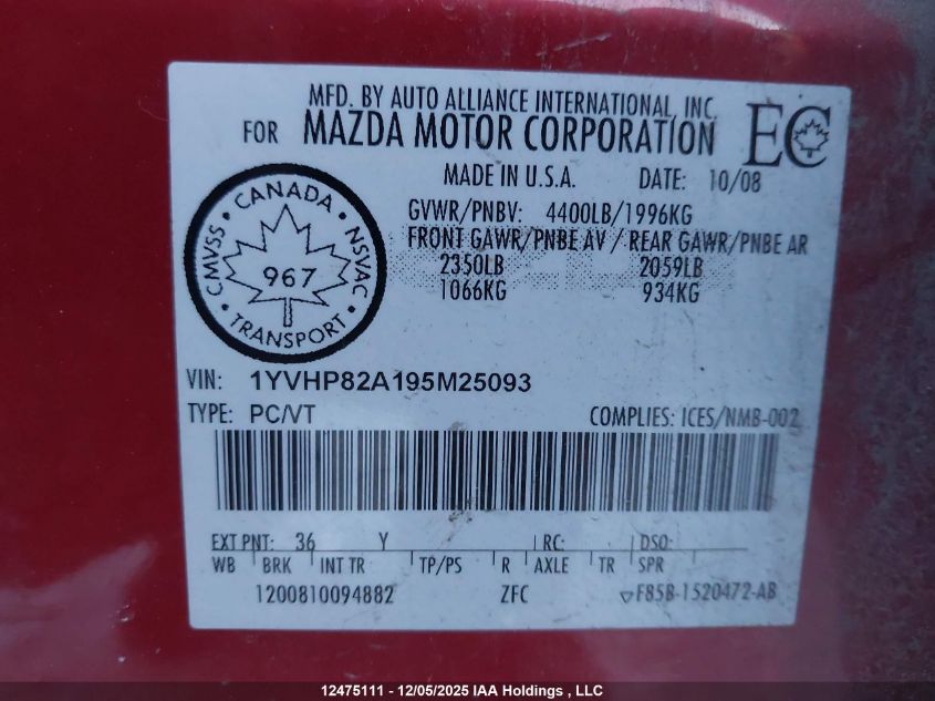 2009 Mazda Mazda6 VIN: 1YVHP82A195M25093 Lot: 12475111