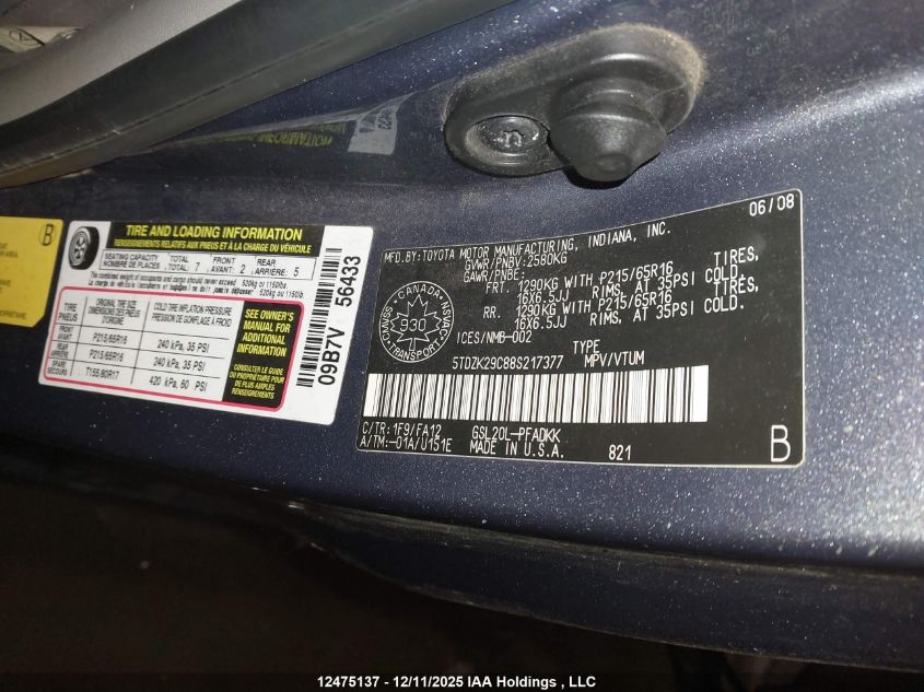 2008 Toyota Sienna Ce VIN: 5TDZK29C88S217377 Lot: 12475137