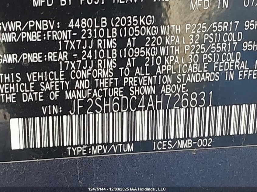 2010 Subaru Forester 2.5 X Limited Package VIN: JF2SH6DC4AH726831 Lot: 12475144