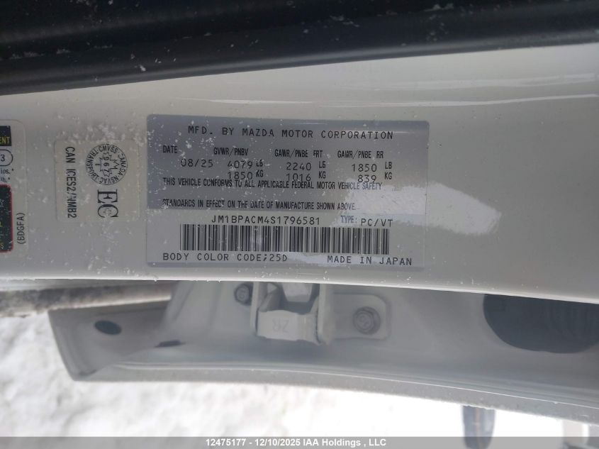 2025 Mazda Mazda3 VIN: JM1BPACM4S1796581 Lot: 12475177