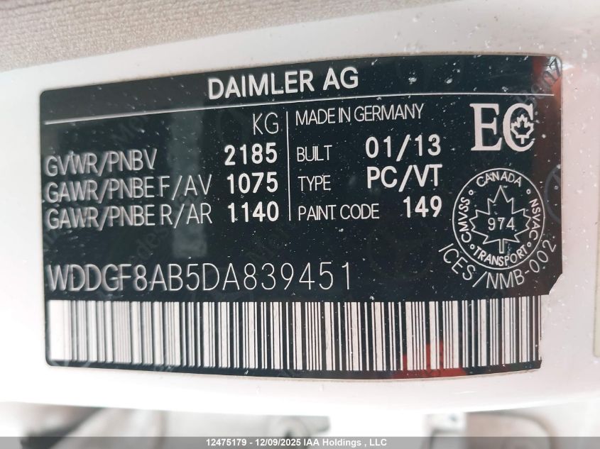 2013 Mercedes-Benz C 300 4Matic VIN: WDDGF8AB5DA839451 Lot: 12475179