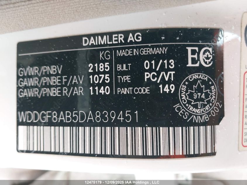 2013 Mercedes-Benz C 300 4Matic VIN: WDDGF8AB5DA839451 Lot: 12475179