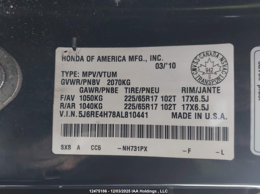 5J6RE4H78AL810441 2010 HONDA CR-V photo no. 10