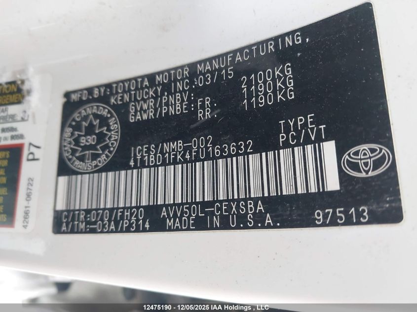 2015 Toyota Camry Hybrid Se VIN: 4T1BD1FK4FU163632 Lot: 12475190