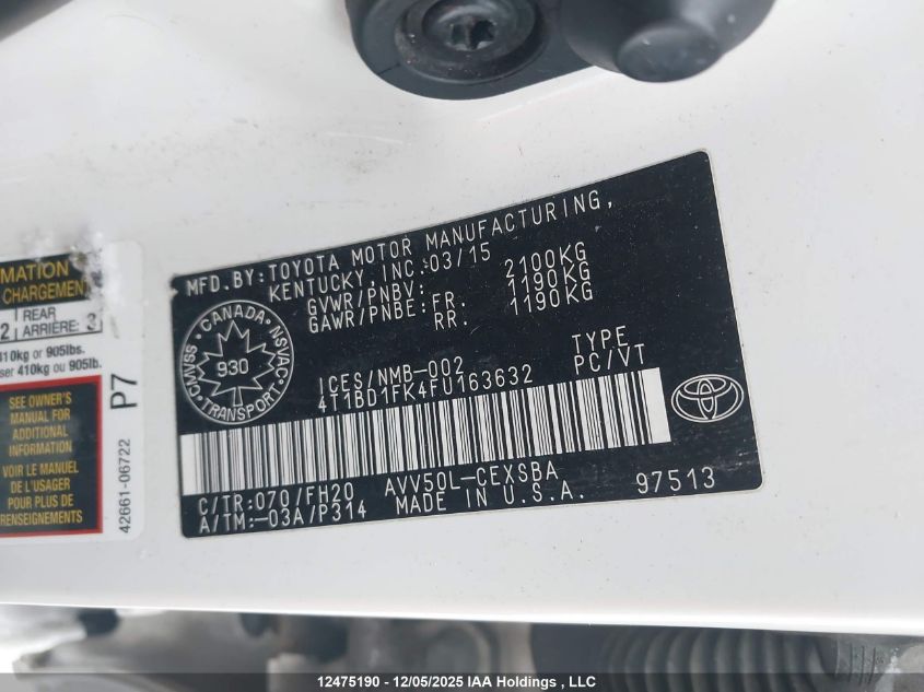 2015 Toyota Camry Hybrid Se VIN: 4T1BD1FK4FU163632 Lot: 12475190