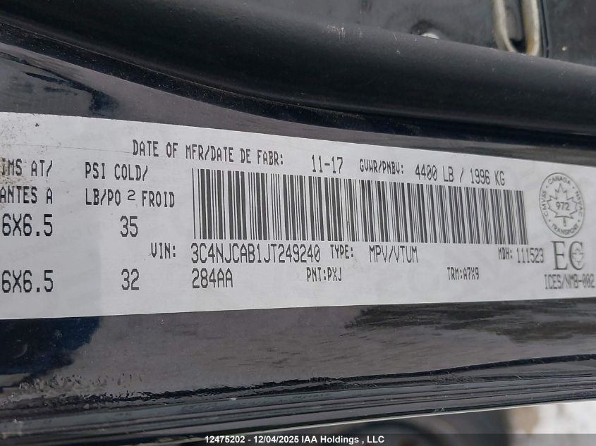 2018 Jeep Compass Sport VIN: 3C4NJCAB1JT249240 Lot: 12475202