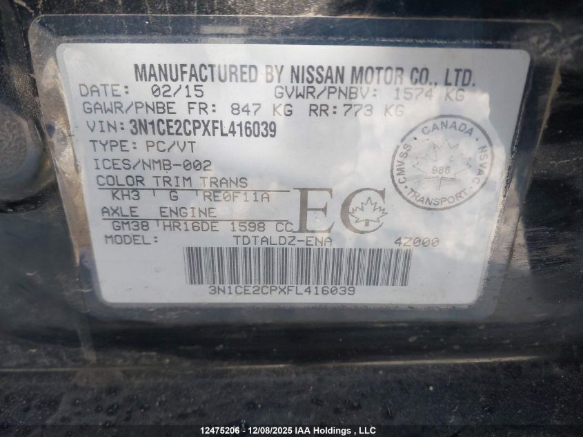 2015 Nissan Versa VIN: 3N1CE2CPXFL416039 Lot: 12475206