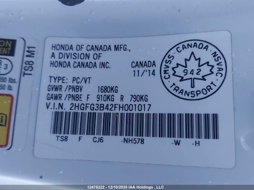 2015 Honda Civic Lx VIN: 2HGFG3B42FH001017 Lot: 12475222